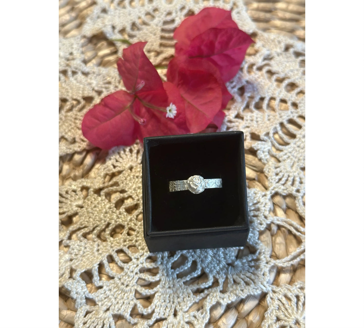 Handmade silver textured ring with rose - Sustainable handmade silver jewelry by The Big Little Shop in Dubai