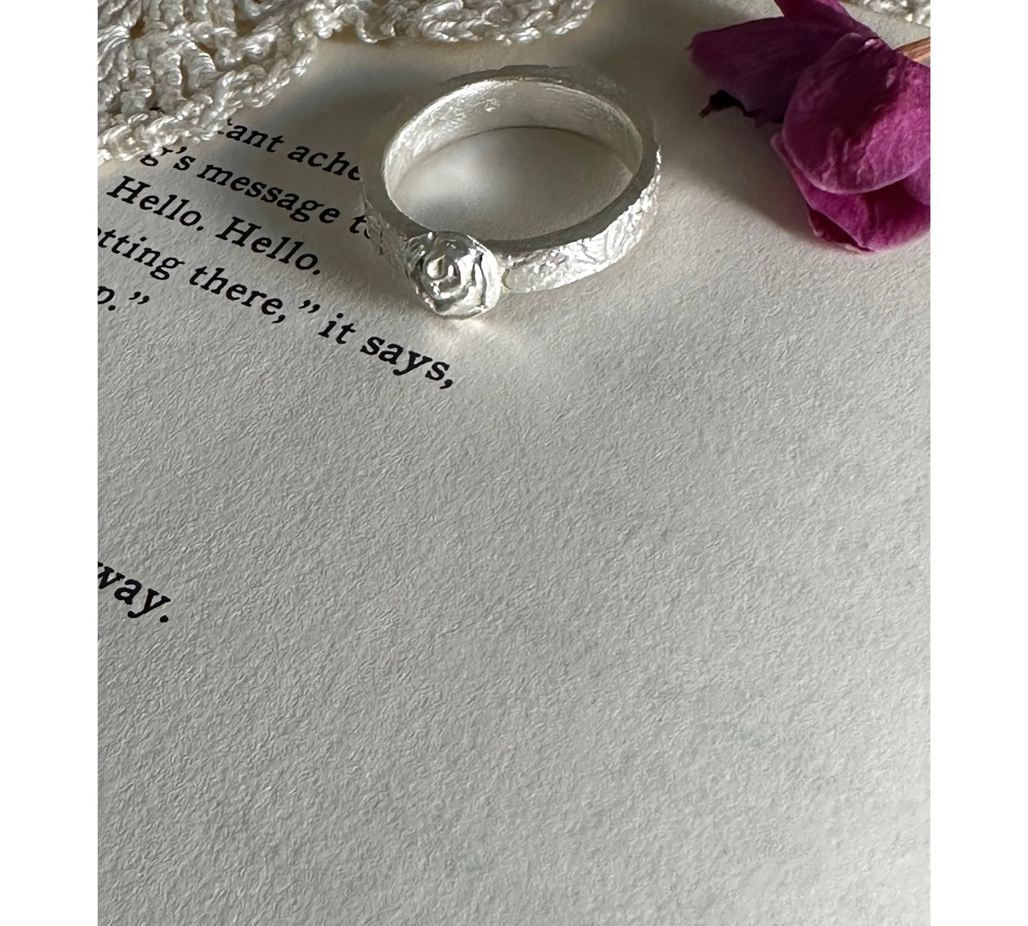 Handmade silver textured ring with rose - Sustainable handmade silver jewelry by The Big Little Shop in Dubai
