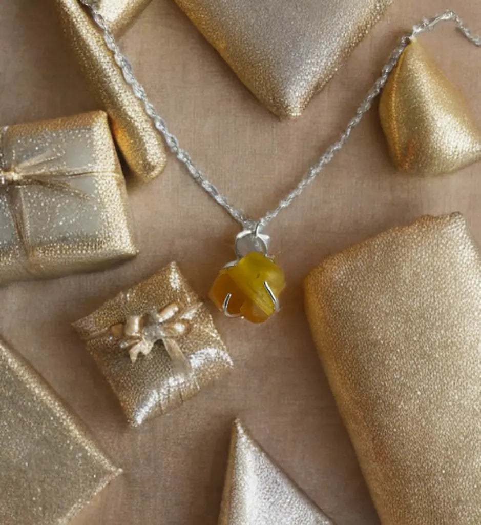 Rare Striped Yellow Seaglass Silver Necklace - sustainable upcycled jewelry handmade by The Big Little Shop in Dubai