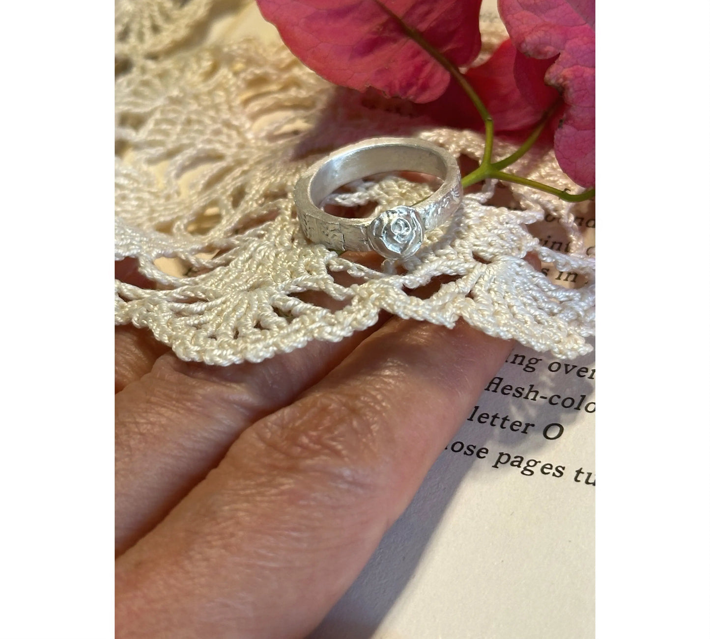 Handmade silver textured ring with rose - Sustainable handmade silver jewelry by The Big Little Shop in Dubai