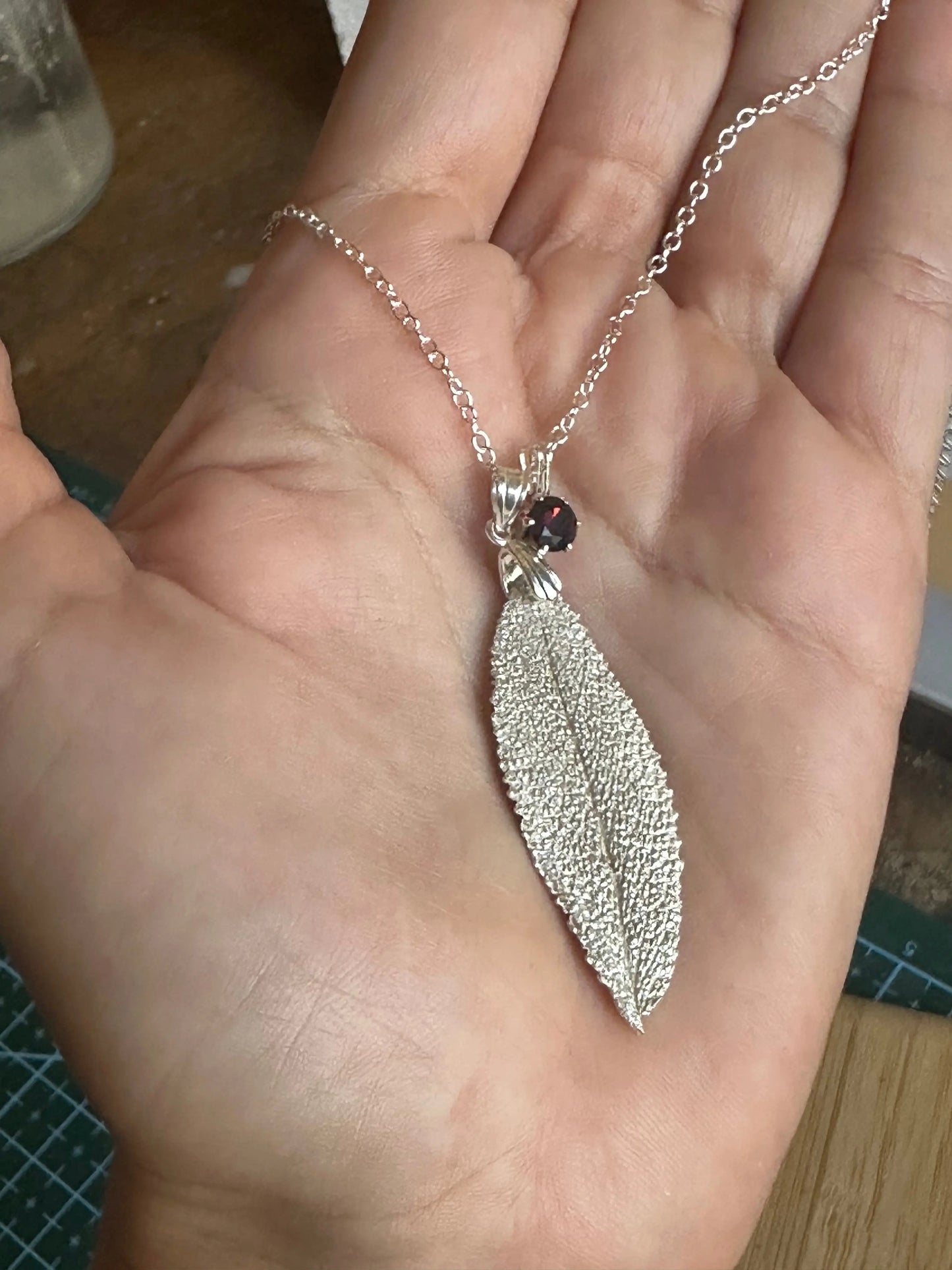 Handmade Silver Sage Leaf & Garnet Stone Necklace The Big Little Shop