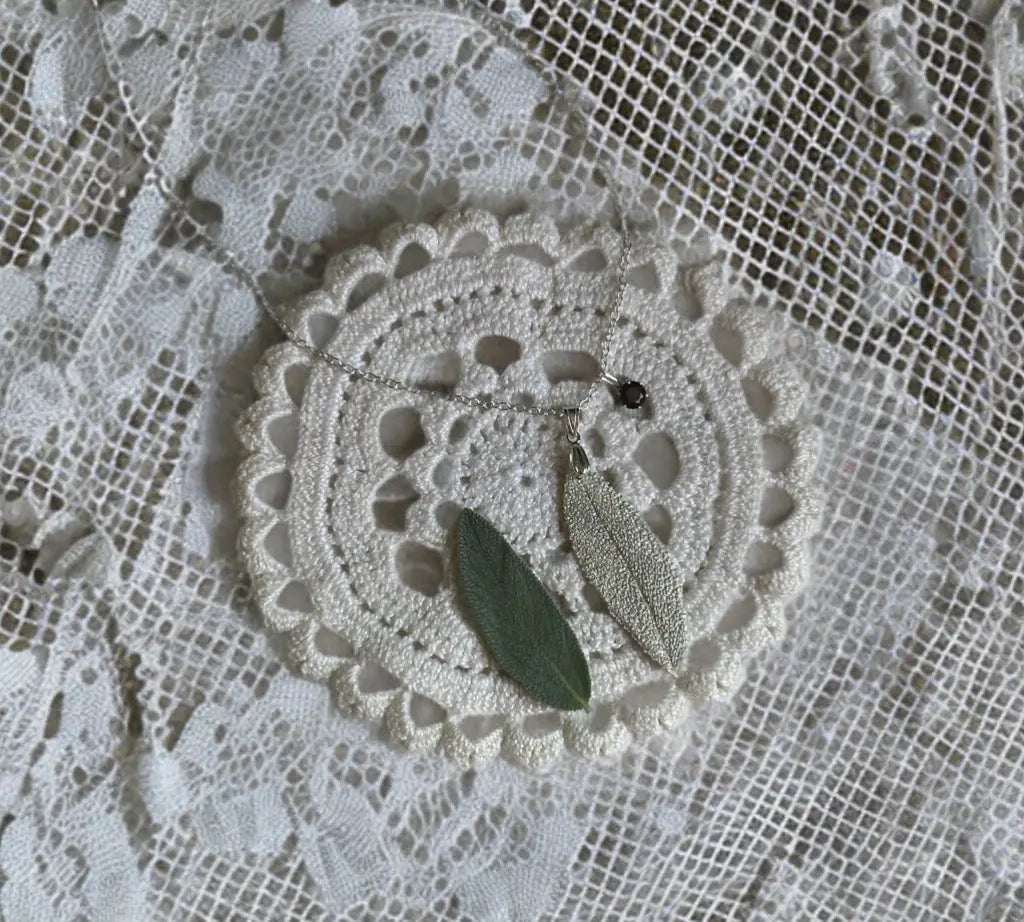 Handmade Silver Sage Leaf & Garnet Stone Necklace The Big Little Shop