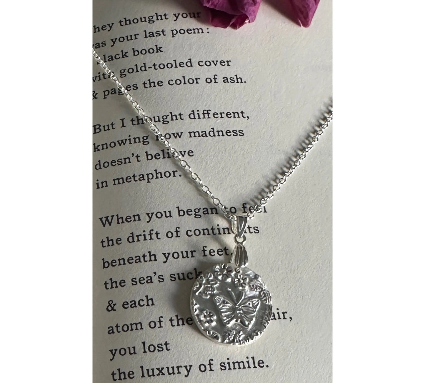 Handmade Silver Butterfly and Flowers Necklace- Sustainable handmade silver jewelry by The Big Little Shop in Dubai
