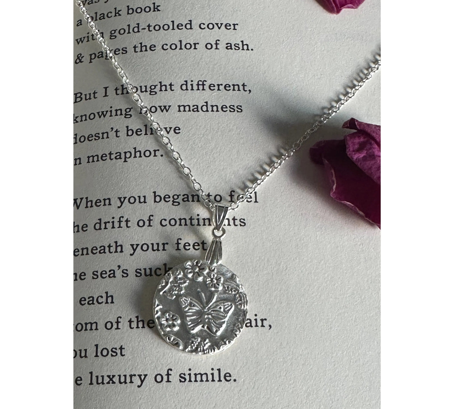 Handmade Silver Butterfly and Flowers Necklace- Sustainable handmade silver jewelry by The Big Little Shop in Dubai