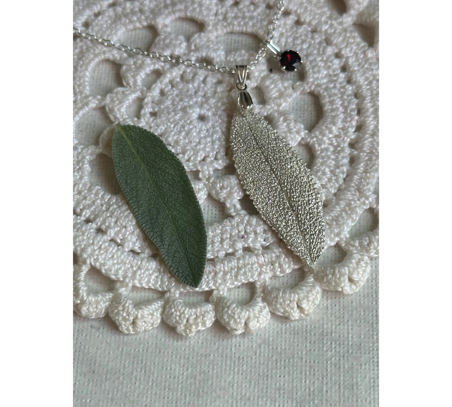 Handmade Silver Sage Leaf & Garnet Stone Necklace The Big Little Shop