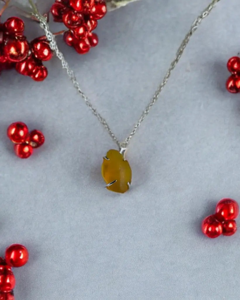 Rare Yellow Sea Glass Silver Necklace - sustainable upcycled jewelry handmade by The Big Little Shop in Dubai