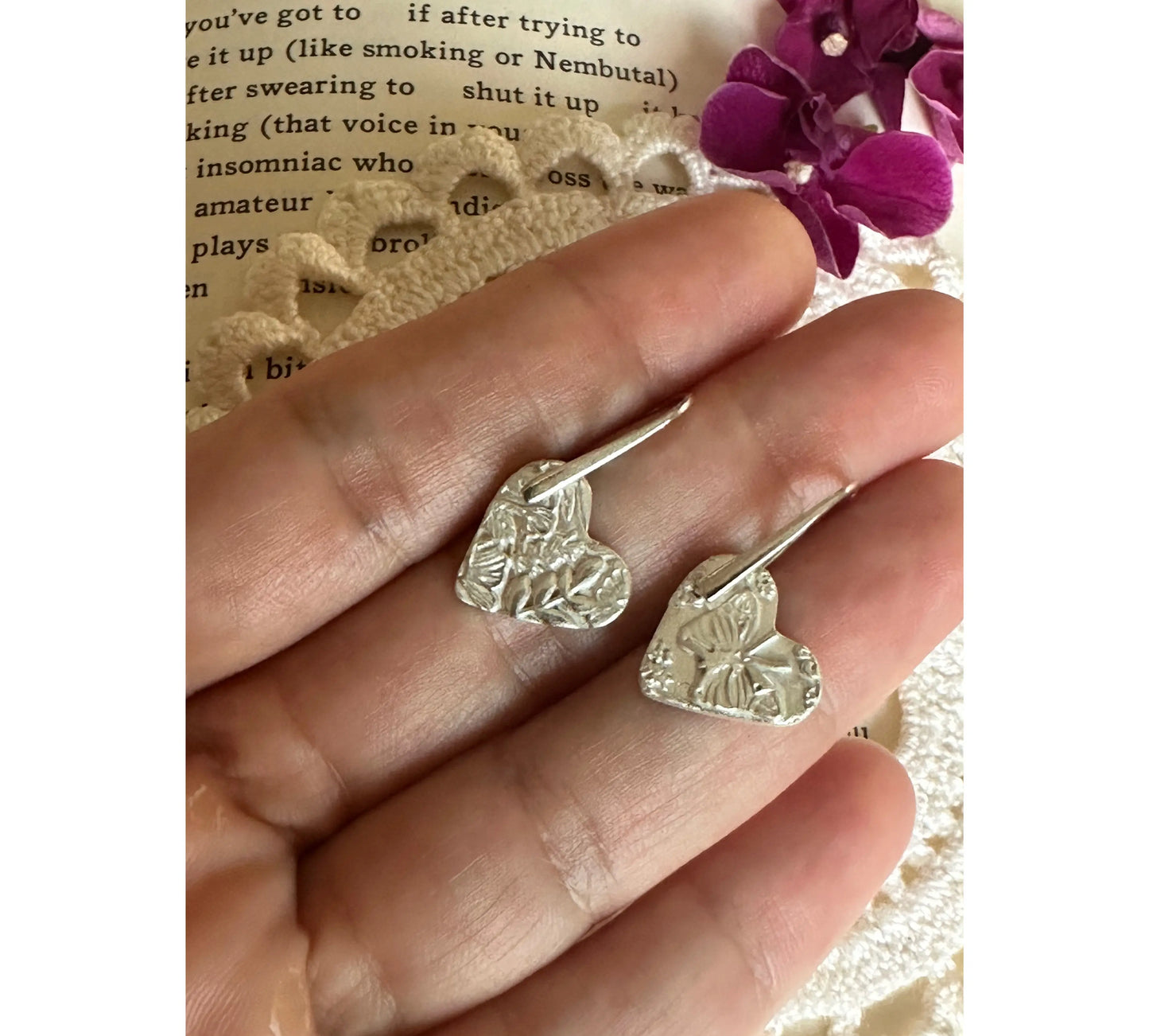 Handmade Textured Hearts Silver Earrings The Big Little Shop