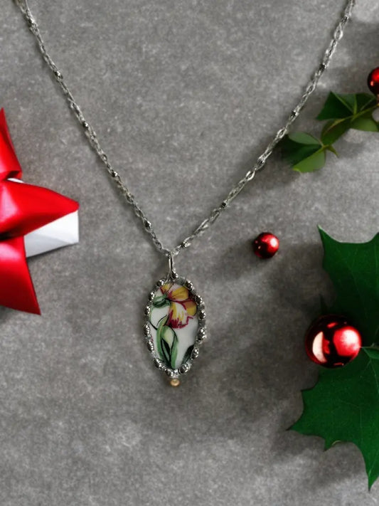 🌸 Yellow Orchid Floral Ceramic Necklace (Vintage Upcycled Pendant)