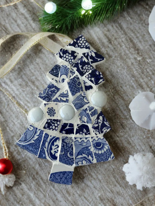 Handmade upcycled ceramic mosaic Christmas tree ornament in blue and white vintage pattern 