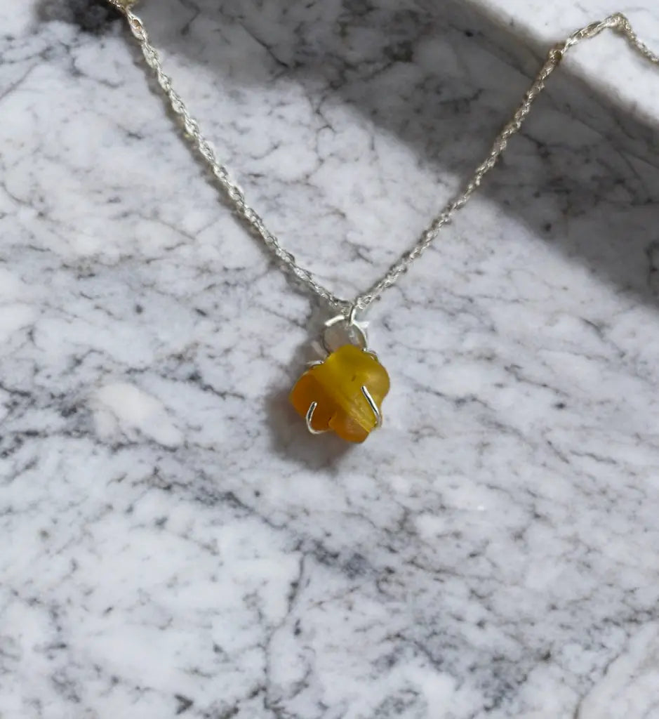 Rare Striped Yellow Seaglass Silver Necklace - sustainable upcycled jewelry handmade by The Big Little Shop in Dubai