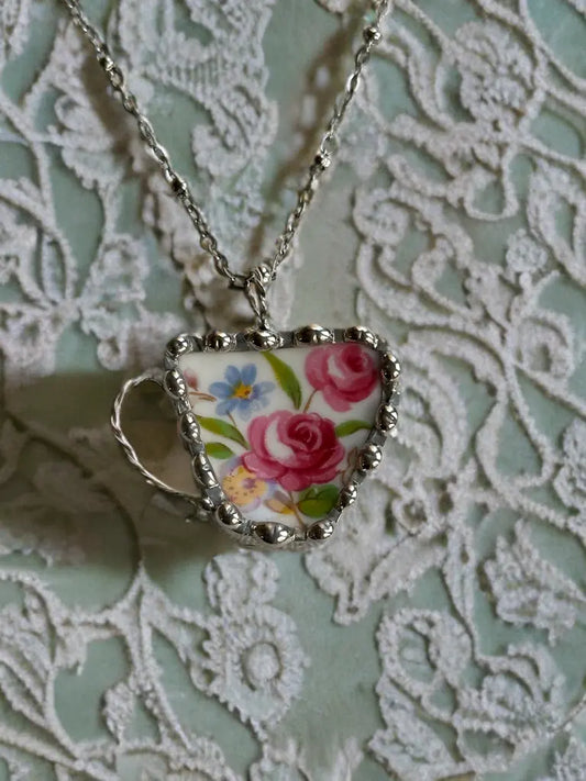 🌹 Pink Rose Teacup Necklace (Vintage Floral Ceramic)