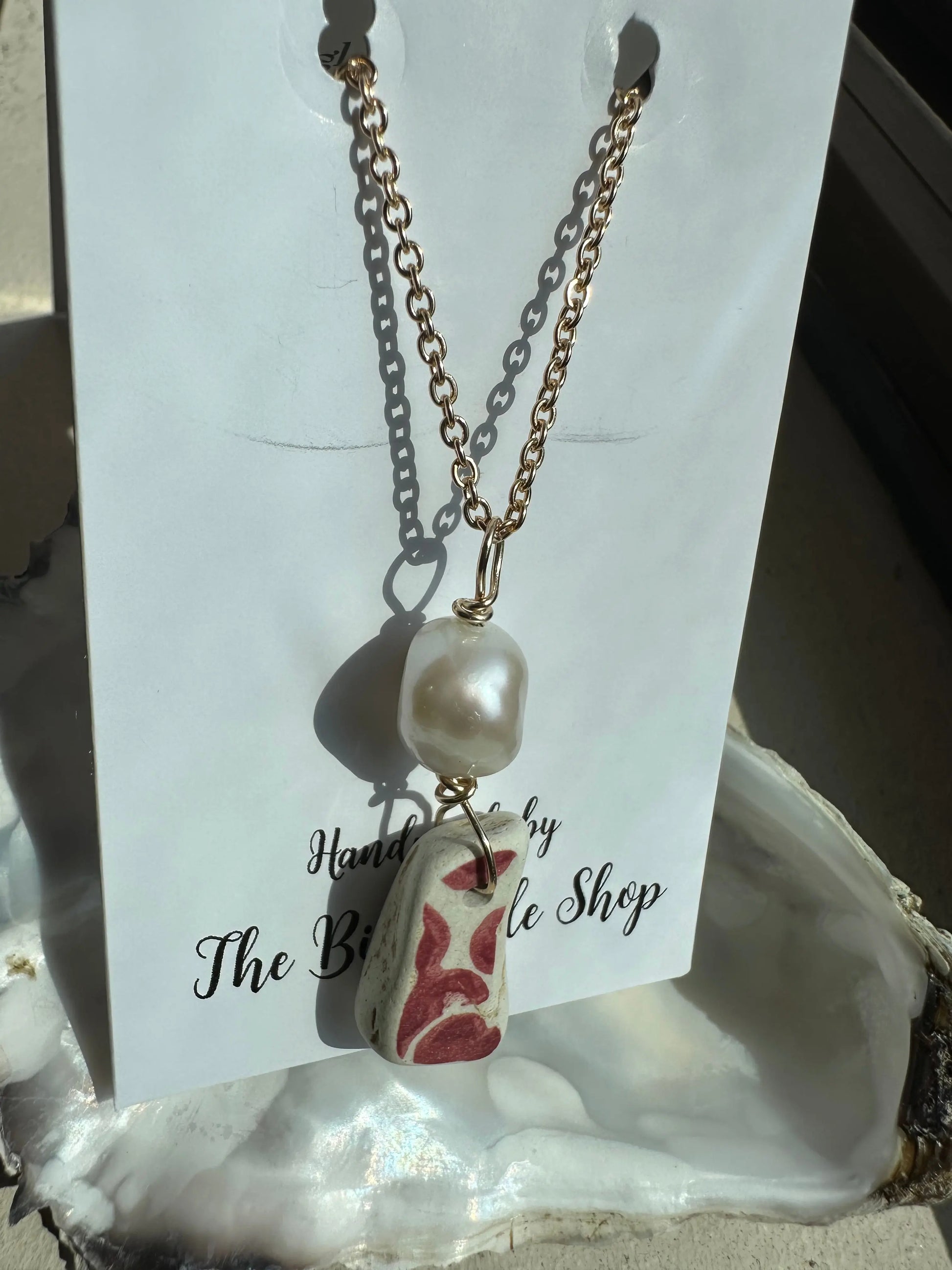 Sea Pottery with Pearl - Gold-plated sustainable upcycled jewelry handmade by The Big Little Shop in Dubai