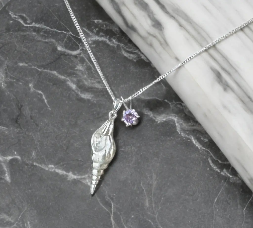 Handcrafted Silver Seashell Necklace & Amethyst CZ stone The Big Little Shop