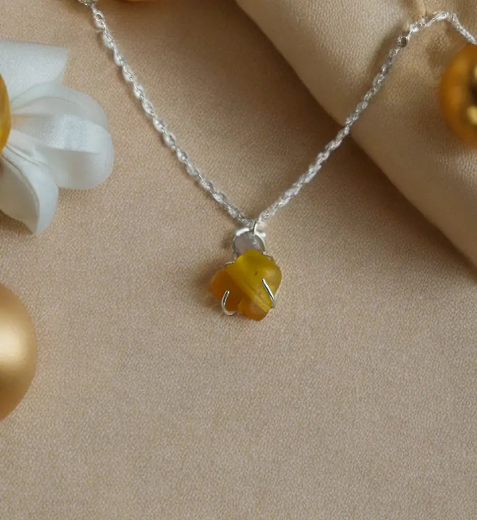 Rare Striped Yellow Seaglass Silver Necklace - sustainable upcycled jewelry handmade by The Big Little Shop in Dubai