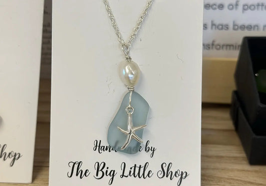 SOLD OUT - Blue Sea Glass & Pearl Silver Necklace The Big Little Shop