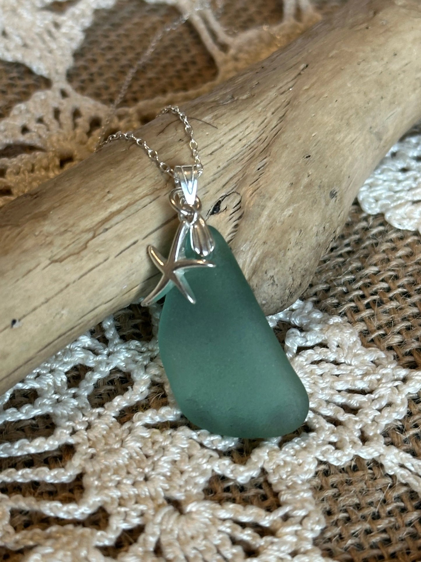Rare Teal Sea Glass Handmade Silver Necklace