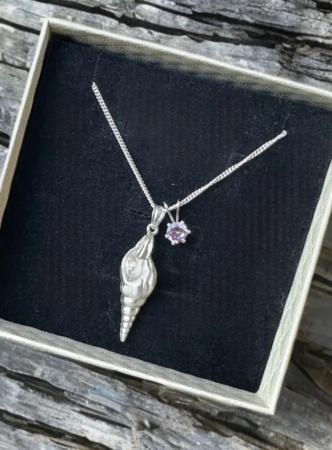 Handcrafted Silver Seashell Necklace & Amethyst CZ stone The Big Little Shop