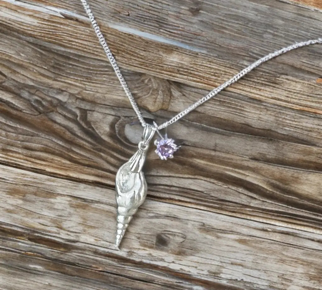 Handcrafted Silver Seashell Necklace & Amethyst CZ stone The Big Little Shop