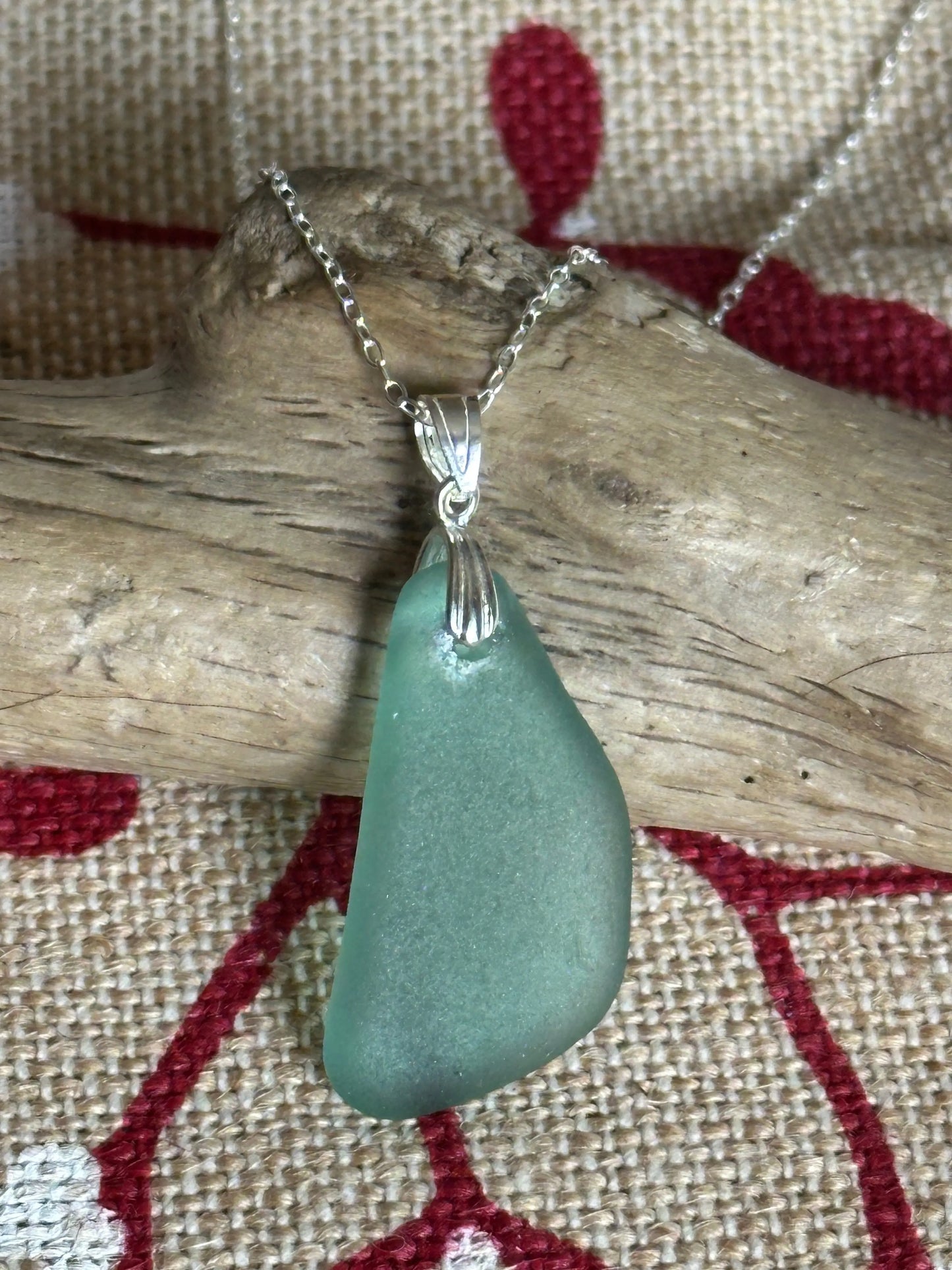 Rare Teal Sea Glass Handmade Silver Necklace