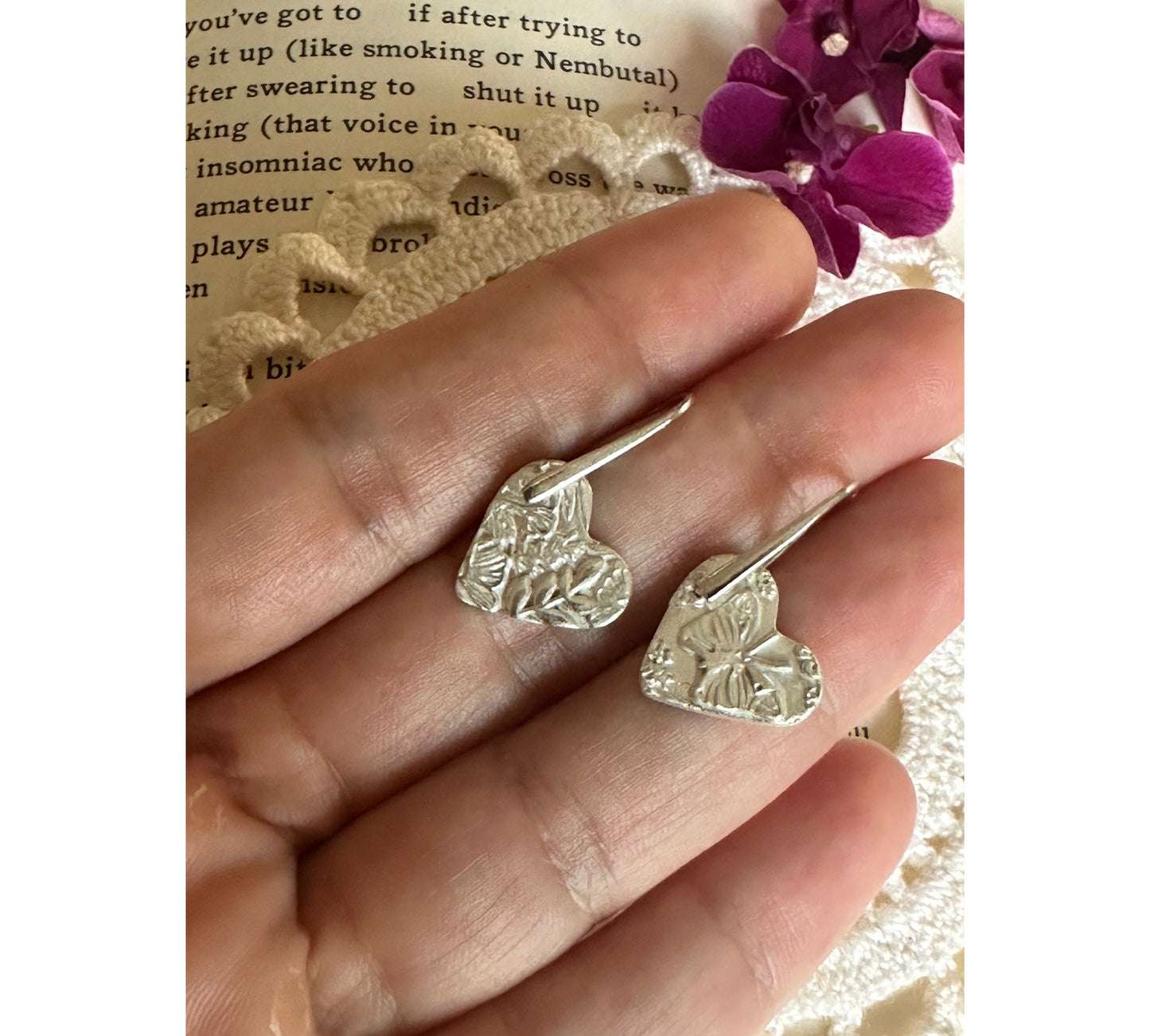 Handmade Textured Hearts Silver Earrings