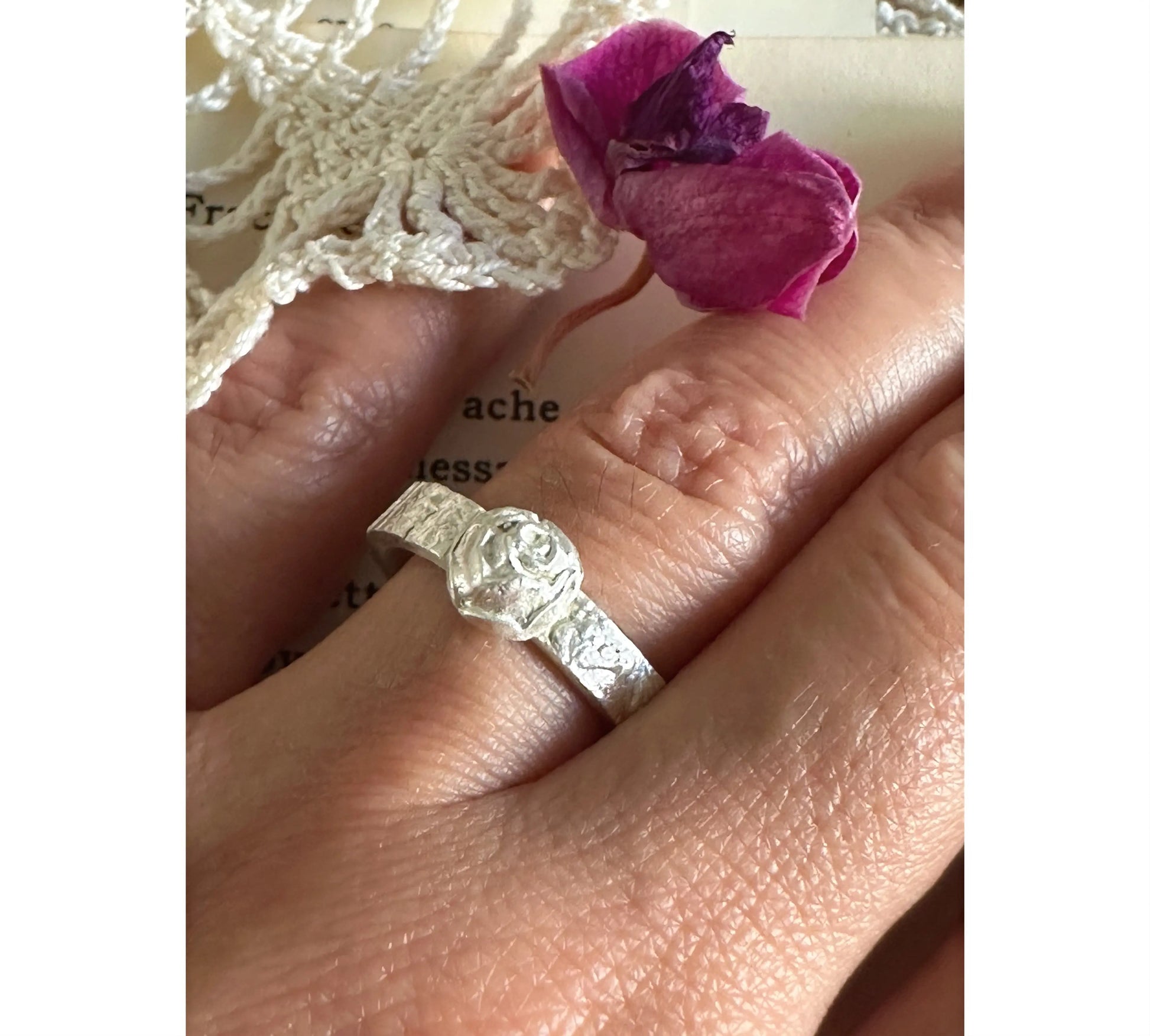 Handmade silver textured ring with rose - Sustainable handmade silver jewelry by The Big Little Shop in Dubai